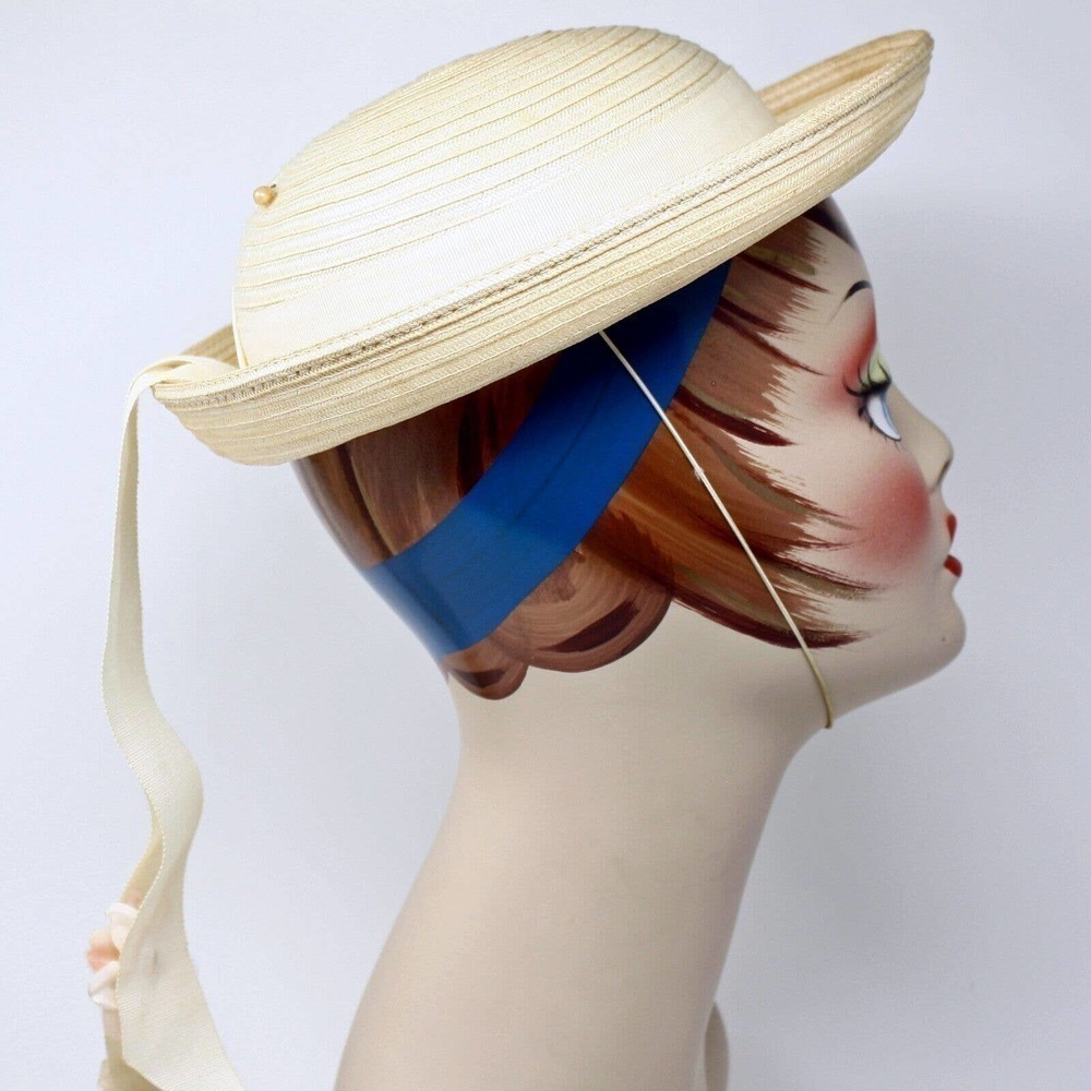 Vintage Ivory White Straw Boater Hat w Trailing Ribbons and Flowers - Hey Viv